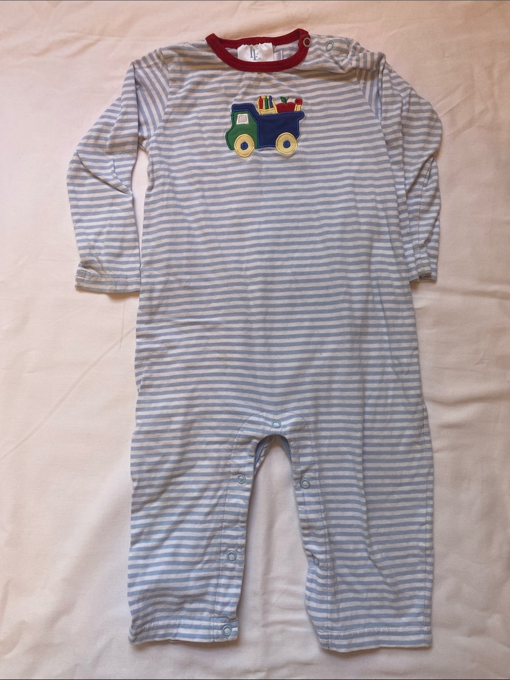 Little English Striped Longall with Toy Truck Applique - Blue & White